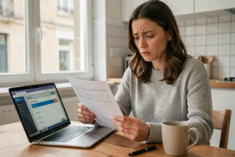 Femme consultant un relevé bancaire à la maison pour contester un prélèvement Cofica Bail