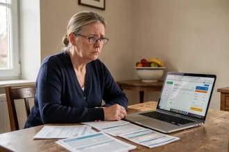 Femme inquiète examinant ses relevés bancaires pour identifier des prélèvements non autorisés REMISEREDUC