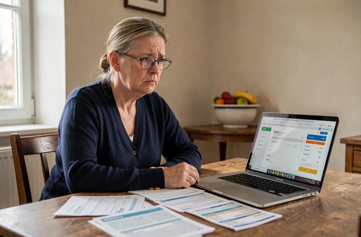 Femme inquiète examinant ses relevés bancaires pour identifier des prélèvements non autorisés REMISEREDUC