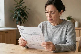 Femme consultant un relevé d'épargne LEL à la table de sa cuisine, illustrant la compréhension des intérêts de livret