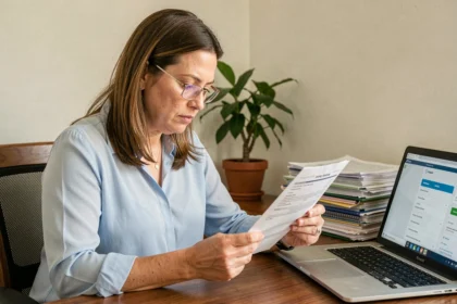 Femme consultant des documents de remboursement mutuelle à son bureau à domicile