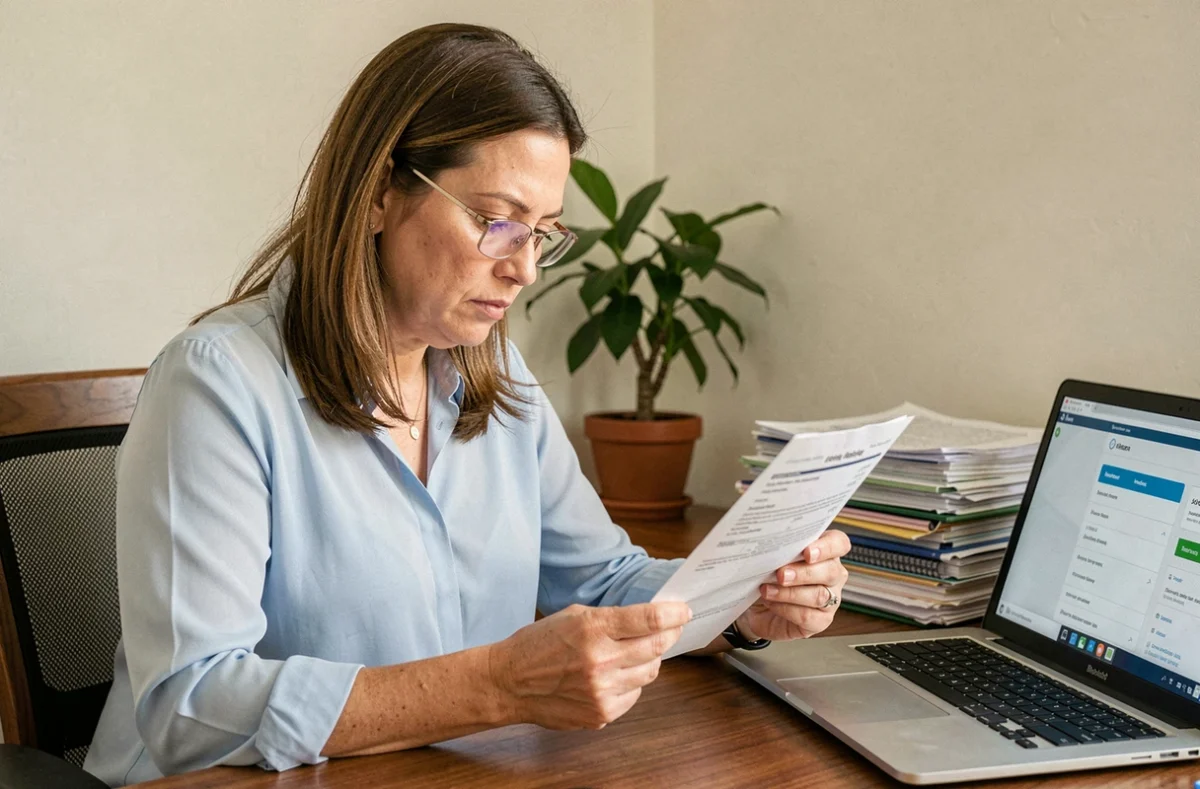 Femme consultant des documents de remboursement mutuelle à son bureau à domicile