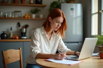Femme remplissant un formulaire de paiement dans une cuisine chaleureuse
