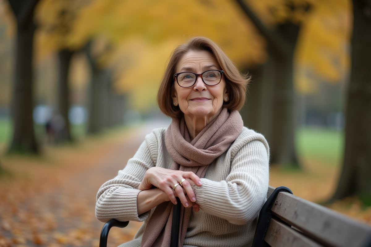 Femme retraitée assise dans un parc en automne pour l