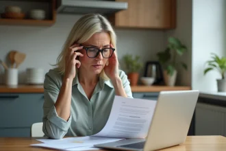 Femme d'âge moyen examine ses papiers d'assurance à la maison