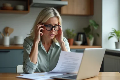 Femme d'&acirc;ge moyen examine ses papiers d'assurance &agrave; la maison