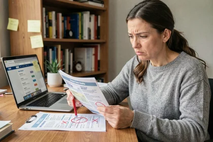 Femme analysant des offres de cashback et bons de réduction à son bureau, éliminant les offres inutiles pour ne garder que les plus rentables