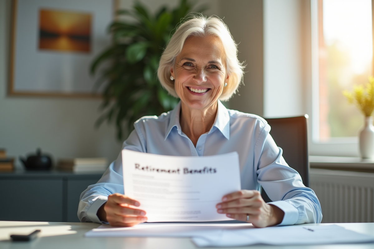 Femme senior souriante vérifiant des documents de retraite
