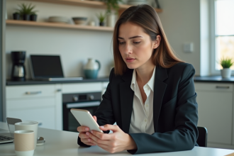 Jeune femme en blazer examine son smartphone dans une cuisine moderne