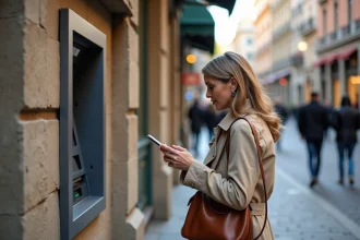 Femme consultant son smartphone devant un distributeur automatique de billets en ville pour localiser un DAB proche