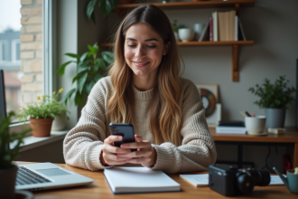 Jeune femme souriante vérifiant son smartphone dans un bureau à domicile