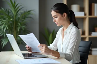 Femme consultant des documents de solde tout compte CDI après démission à son bureau à domicile