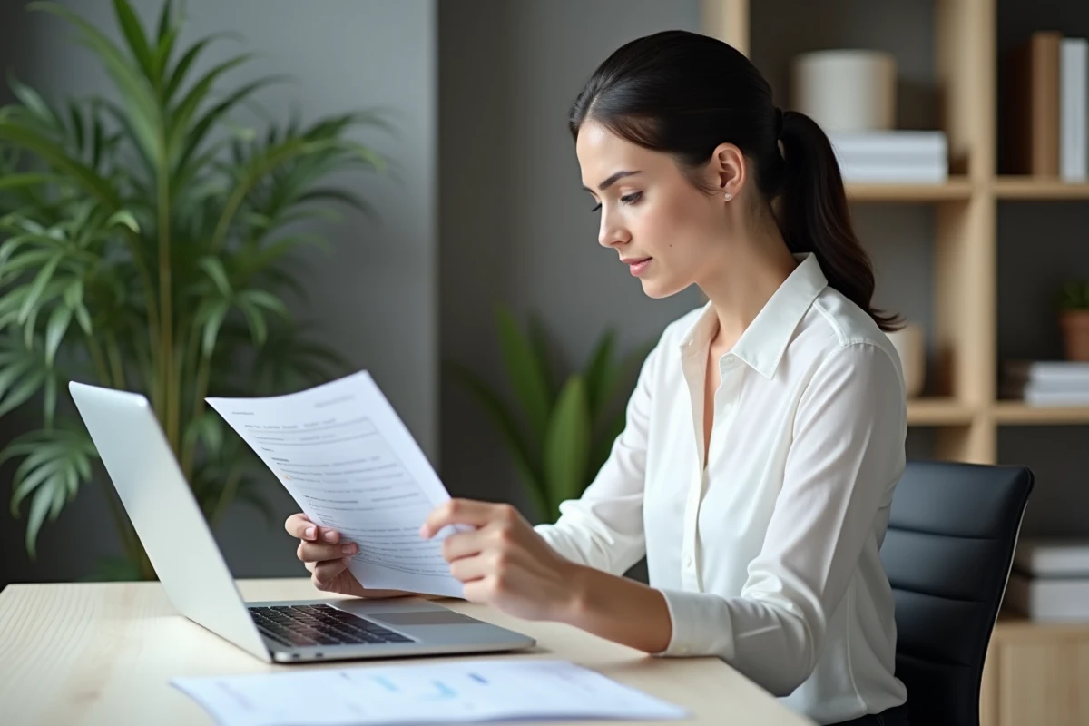 Femme consultant des documents de solde tout compte CDI après démission à son bureau à domicile