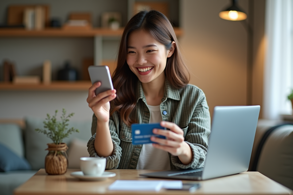 Jeune femme souriante utilisant smartphone et carte bancaire