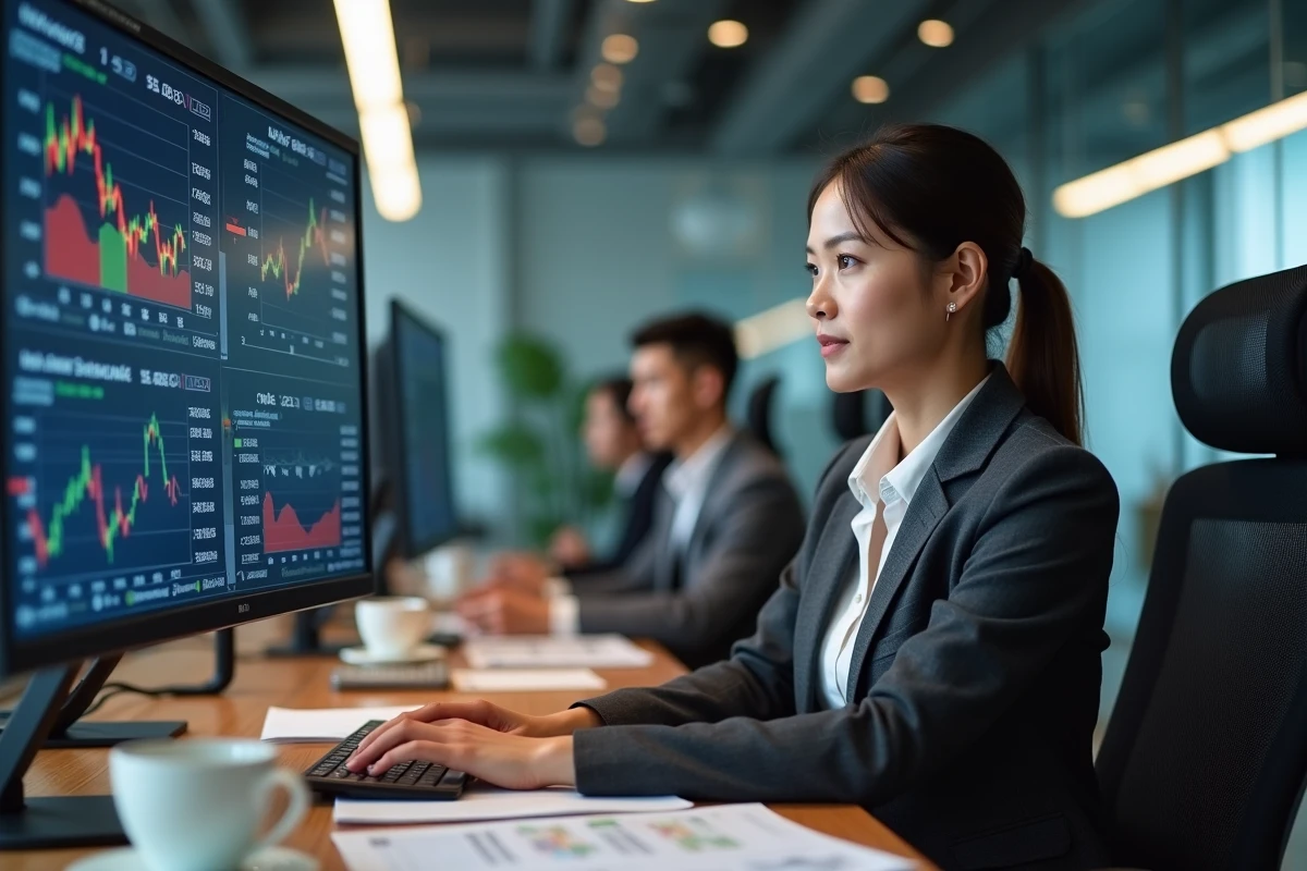 Femme trader professionnelle analysant les indices boursiers asiatiques Nikkei et Hang Seng dans un bureau financier moderne