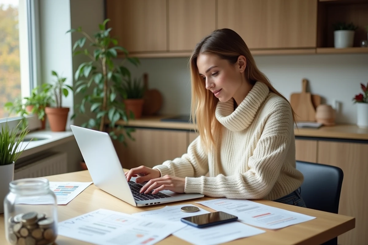 Jeune femme utilisant un ordinateur avec pièces et documents de change
