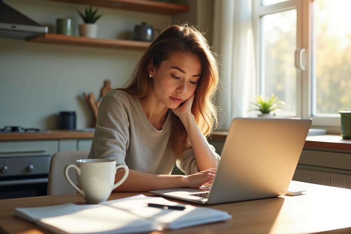 Jeune femme travaillant à la cuisine avec un ordinateur portable