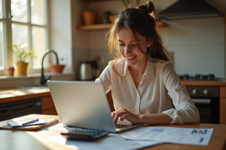 Jeune femme travaillant sur un ordinateur avec documents financiers