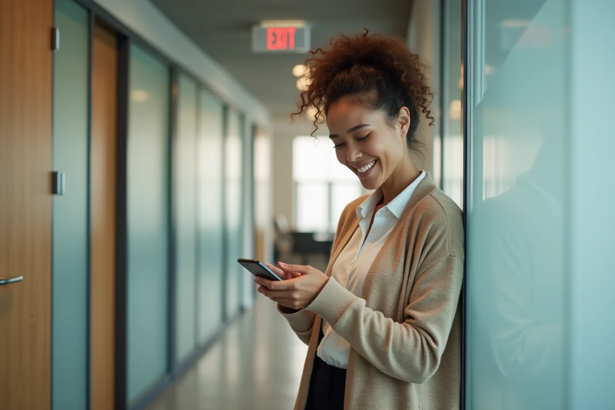 Femme souriante utilisant son smartphone dans un bureau moderne