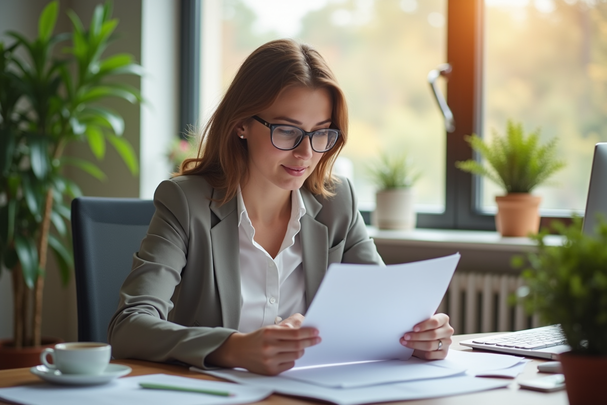 Femme professionnelle lisant un document de sante à son bureau