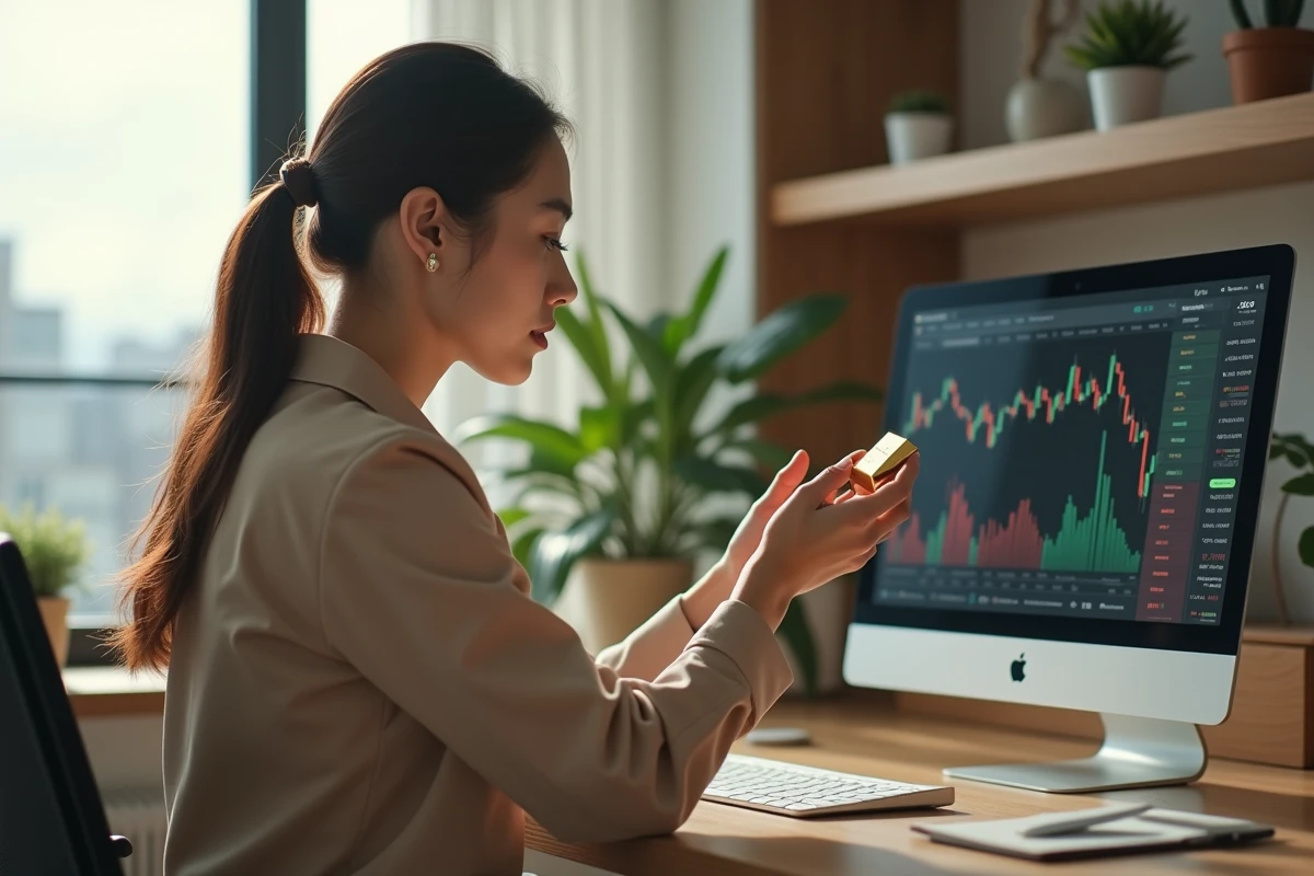 Jeune femme analysant des graphiques sur son ordinateur avec un lingot d