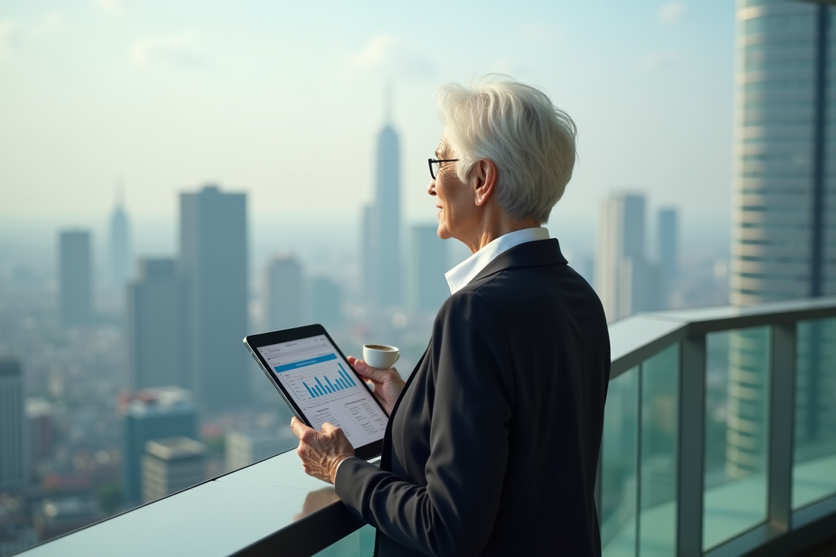 Femme d age moyen regardant la skyline urbaine