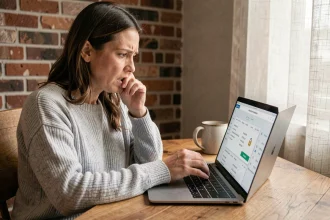 Femme consultant son compte bancaire en ligne sur un ordinateur portable depuis son bureau à domicile, exprimant une attention vigilante face aux transactions numériques