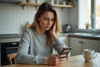 Femme vérifiant son compte bancaire sur smartphone après un virement CAF en attente