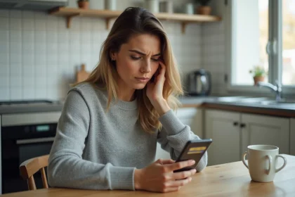 Femme vérifiant son compte bancaire sur smartphone après un virement CAF en attente