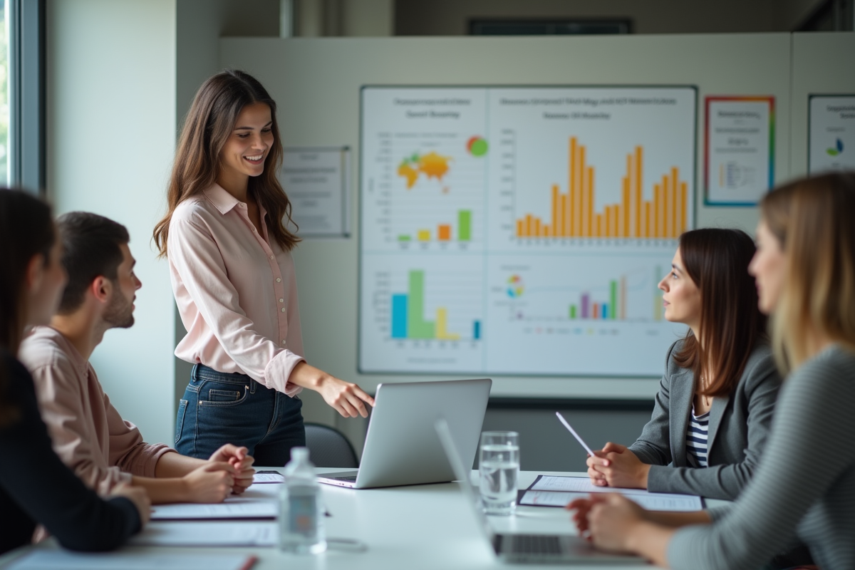 Jeune femme analysant un graphique dans un espace collaboratif