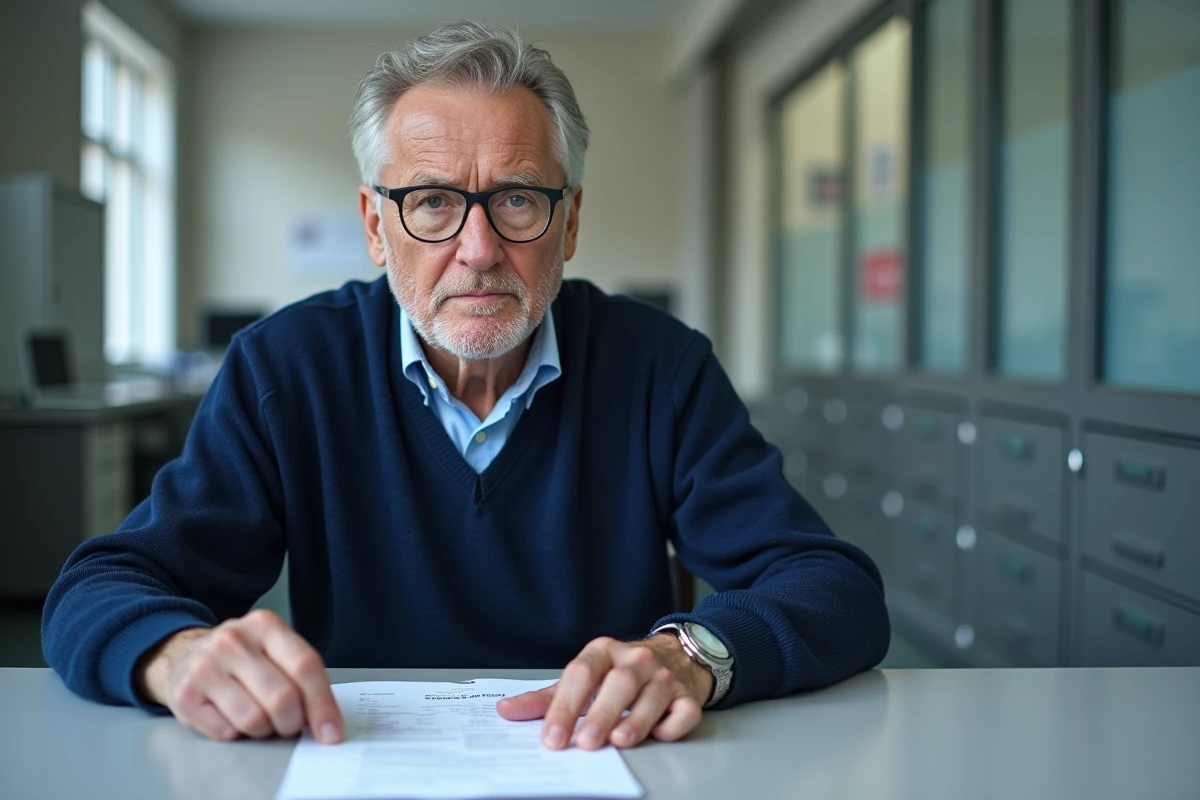 Fonctionnaire de l'éducation nationale consultant son dossier de retraite dans un bureau administratif