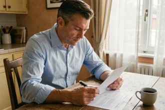 Un homme remplit le formulaire emprunteur Éco PTZ à son domicile, stylo à la main, concentré sur les rubriques du dossier