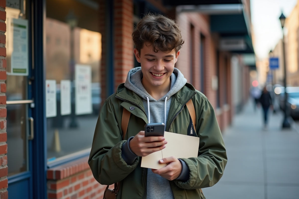 Adolescent souriant avec une enveloppe devant un bureau de poste en ville