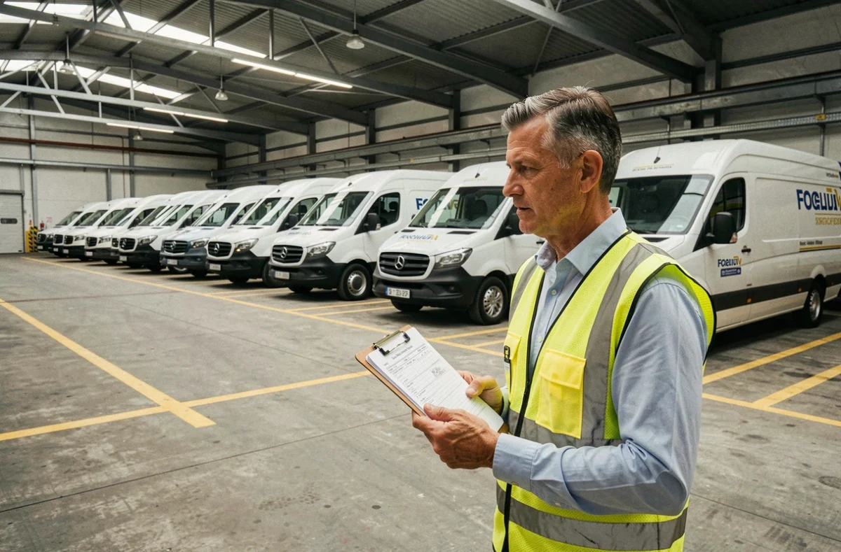 Gestionnaire de flotte inspectant des véhicules professionnels dans un dépôt commercial pour l'assurance