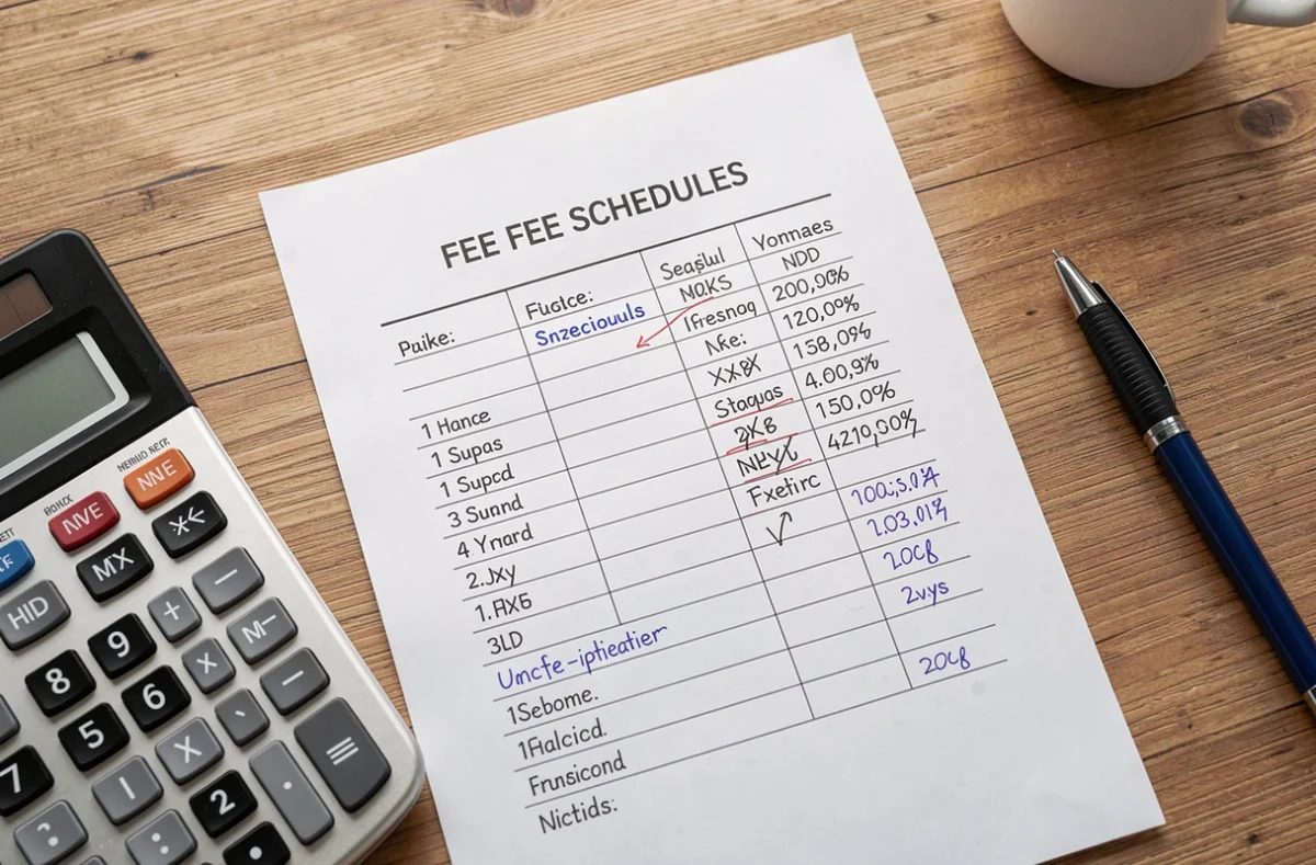 Grille tarifaire bancaire annotée à côté d'une calculatrice