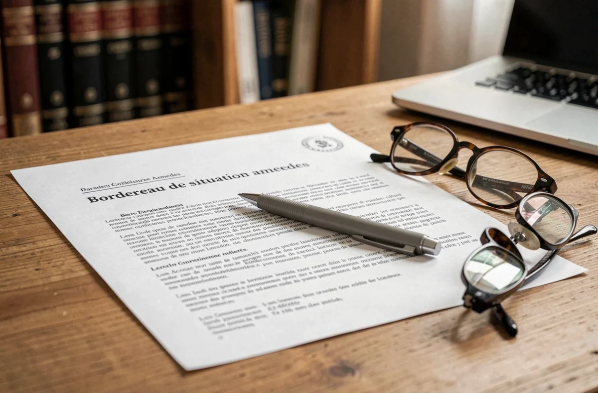 Gros plan d'un bordereau de situation amendes officiel posé sur un bureau avec stylo et lunettes