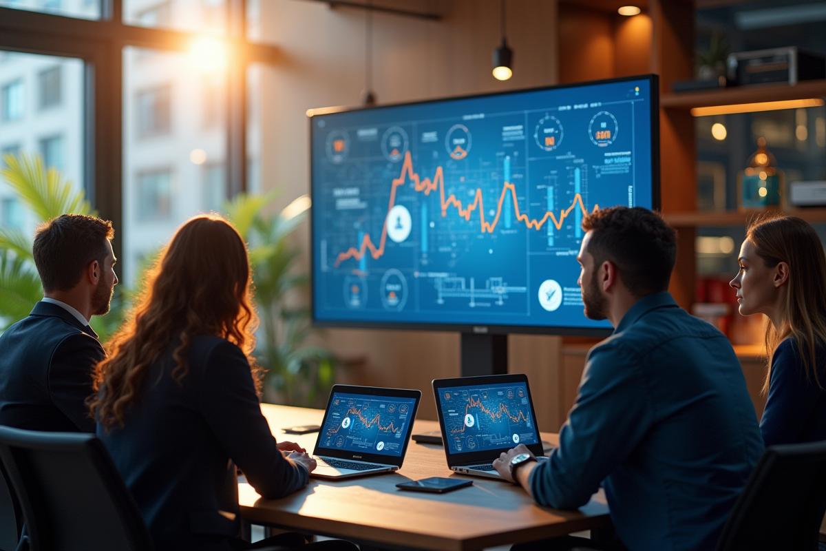 Groupe de personnes analysant un écran blockchain lumineux