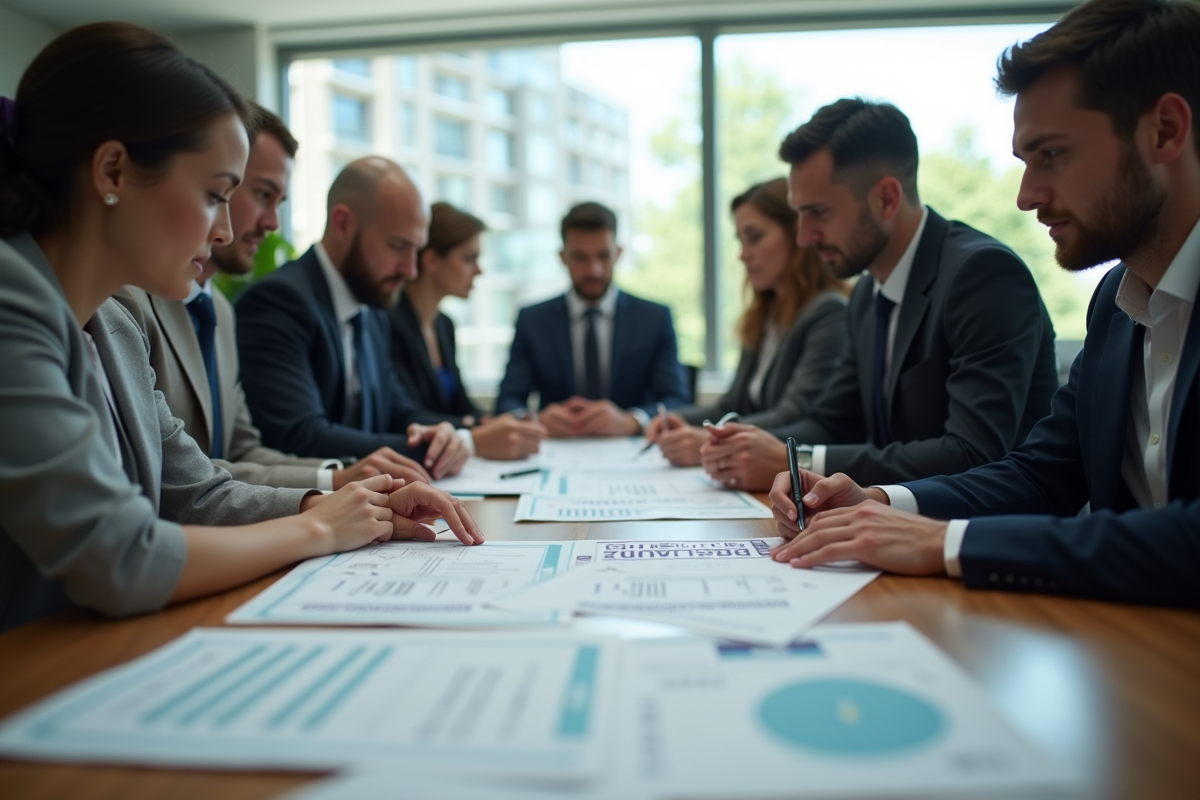 Groupe de professionnels en réunion avec documents officiels