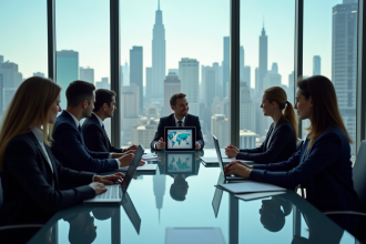 Groupe de professionnels en réunion autour d'une table avec carte du monde