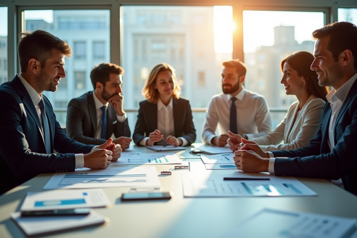 Groupe de professionnels en réunion avec graphiques financiers