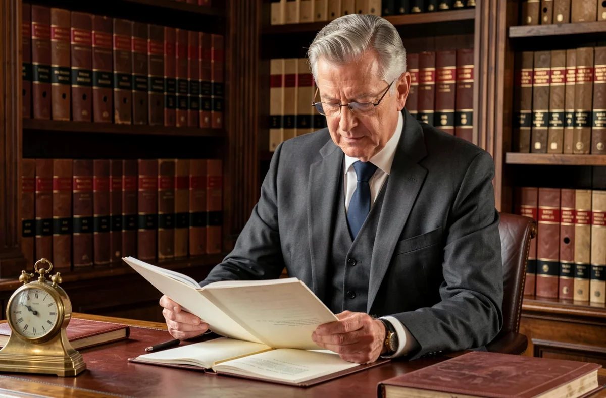 Le notaire Haye Roger dans son bureau traditionnel examinant un dossier juridique épais