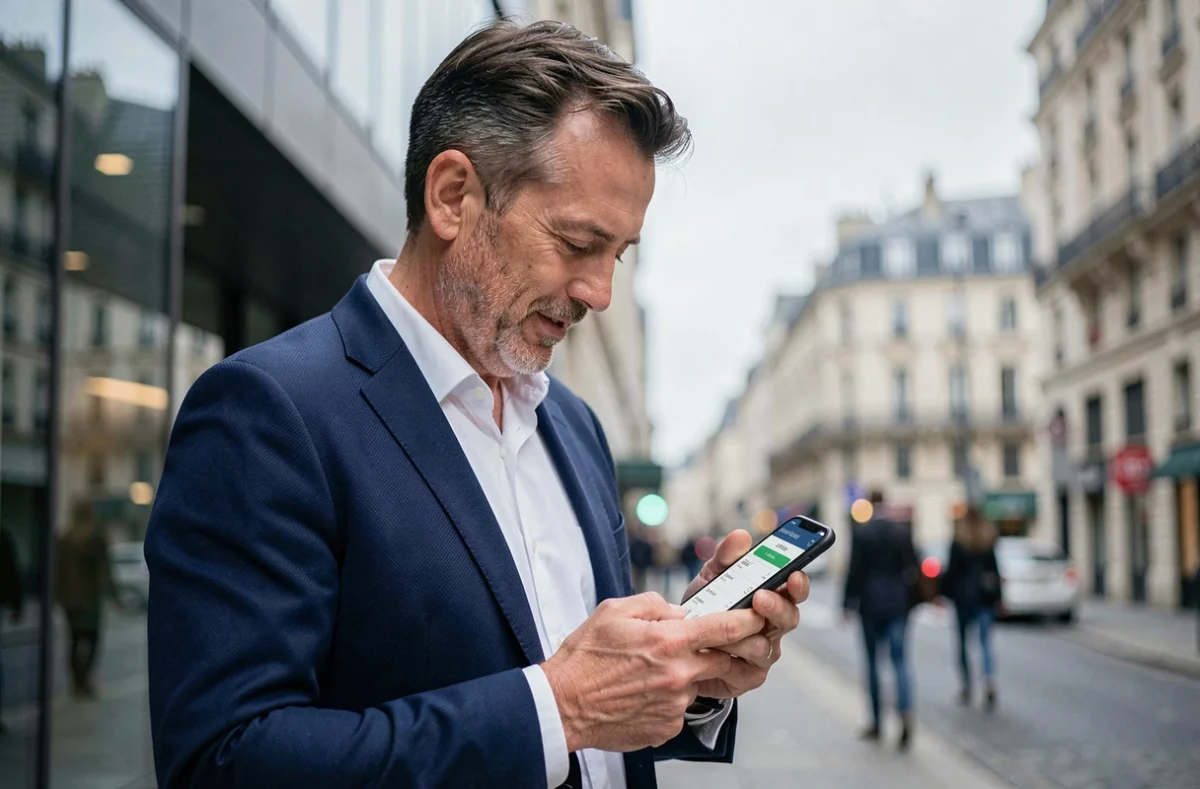 Homme d'affaires consultant l'application bancaire Crédit Agricole CA22 devant un immeuble de bureaux