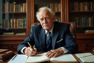 Portrait d'un homme d'affaires français âgé et distingué dans un bureau parisien classique entouré de documents financiers et de livres juridiques
