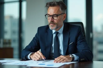 Homme d'affaires européen en costume regardant des documents financiers