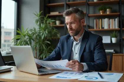 Homme d'affaires en bureau moderne &eacute;tudiant des graphiques financiers