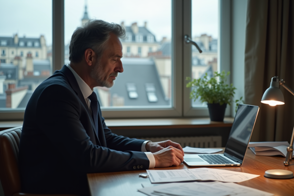 Homme d'affaires français en costume regardant des documents financiers
