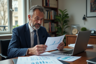 Homme d'affaires français vérifiant un graphique financier