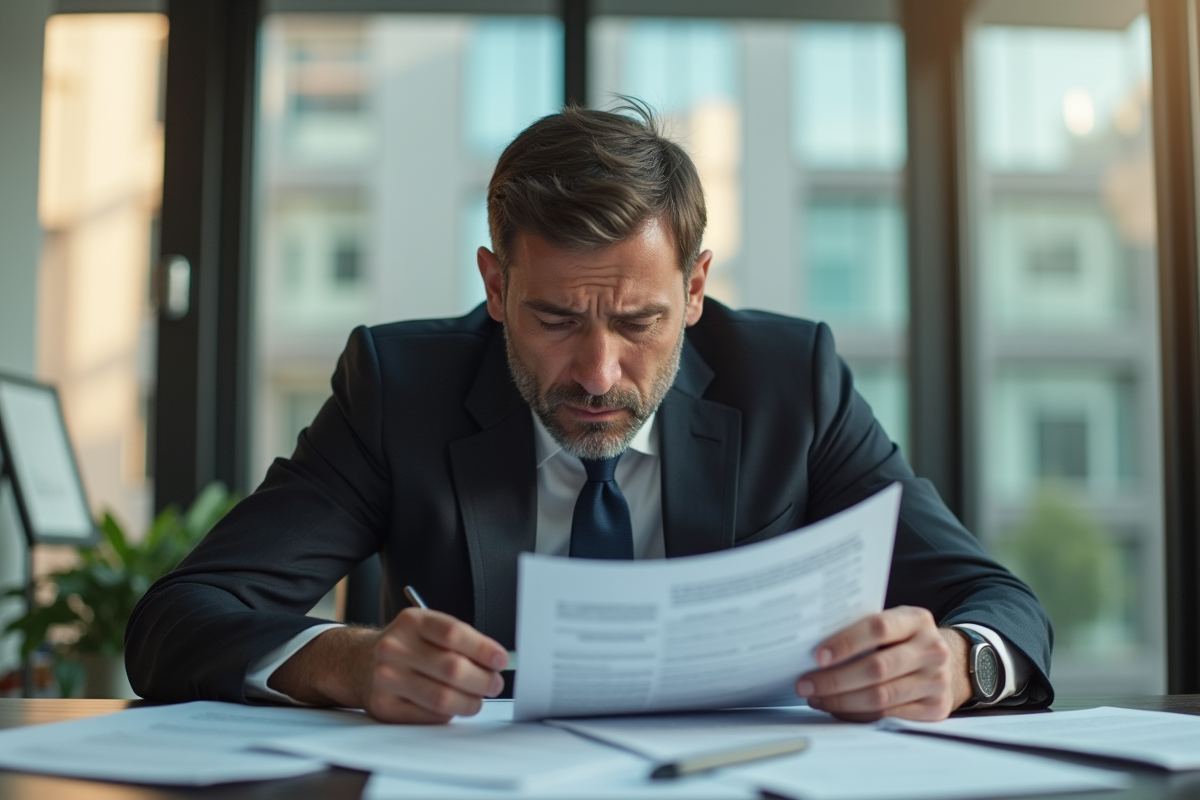 Homme d'affaires inquiet avec documents sur primes d'assurance