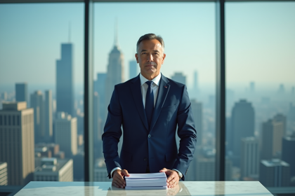 Homme d'affaires sérieux en costume navy dans une salle de réunion