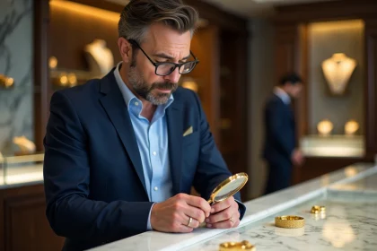 Homme en costume examinant un lingot d'or dans une bijouterie